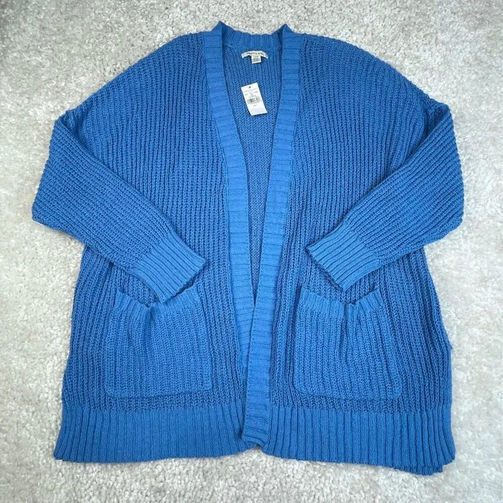 American Eagle Open Front Longline Cardigan Sweater Blue Pocket Large NEW